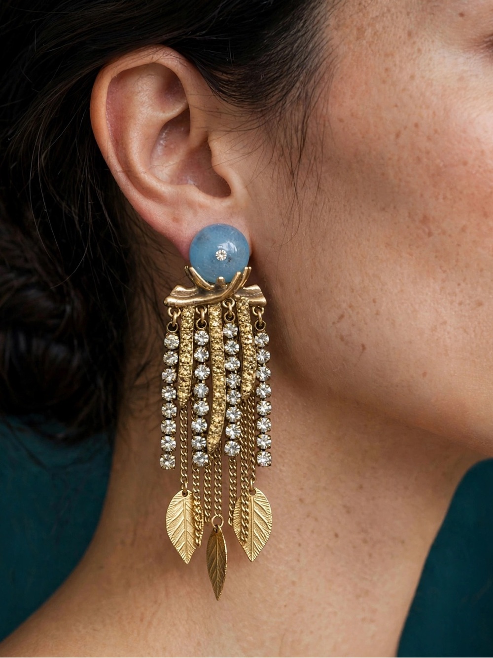 New Amimi Gold Tassel Drop Earrings Blue Stone Fringe Chandelier S925 Posts Boho